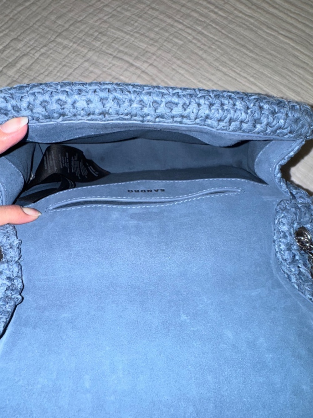 Sandro Raffia YZA Blue Woven Shoulder Bag with Chain Strap - Picture 8 of 8